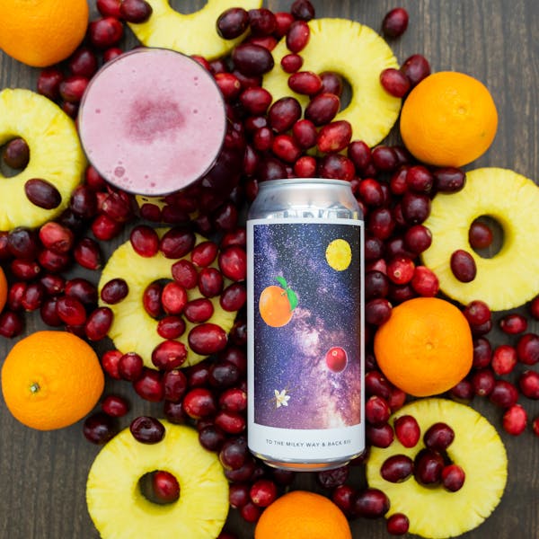 blend of fruits on table with purple beer