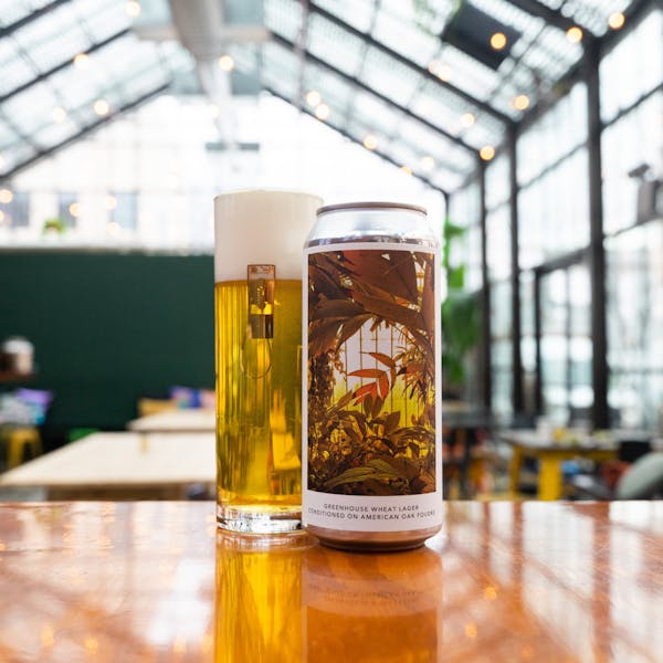 clear pilsner in glass on bar with can