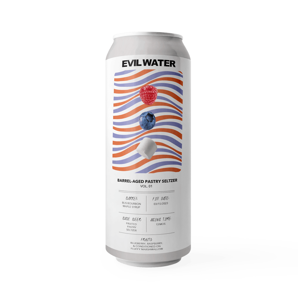 EVIL WATER – BARREL-AGED PASTRY SELTZER – RASPBERRY, BLUEBERRY
