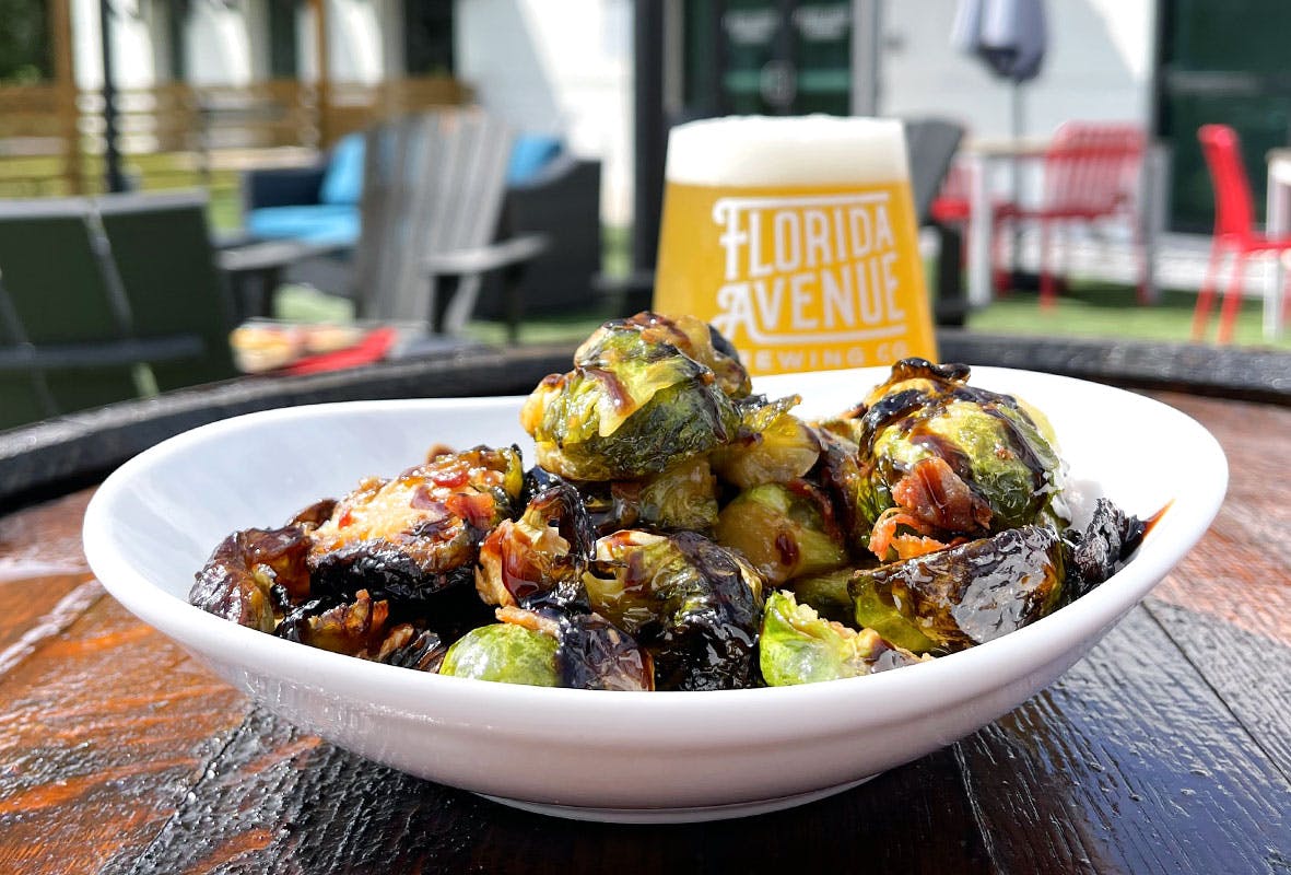 Sautéed brussels sprouts with 
applewood bacon, balsamic glaze