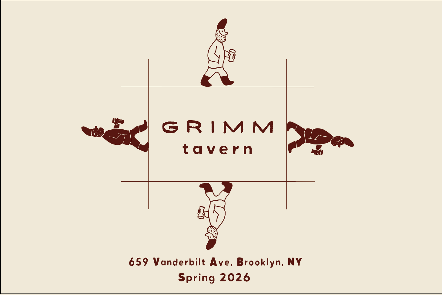 4 gnomes around Grimm Tavern Logo