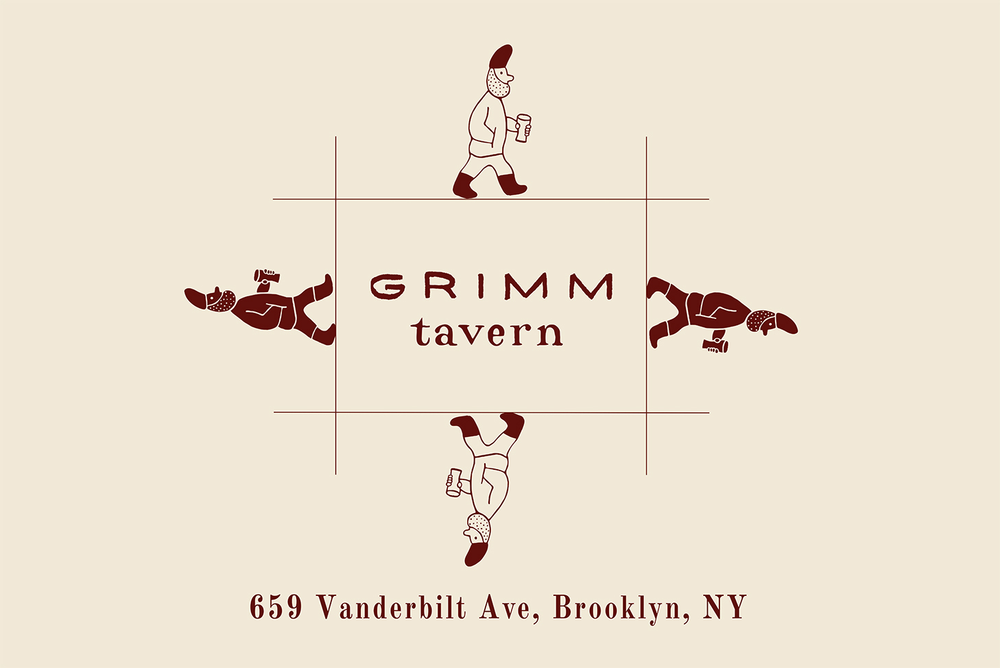 Grimm tavern words with the address 659 Vanderbilt, Brooklyn, NY 11238. There are also 4 gnomes.