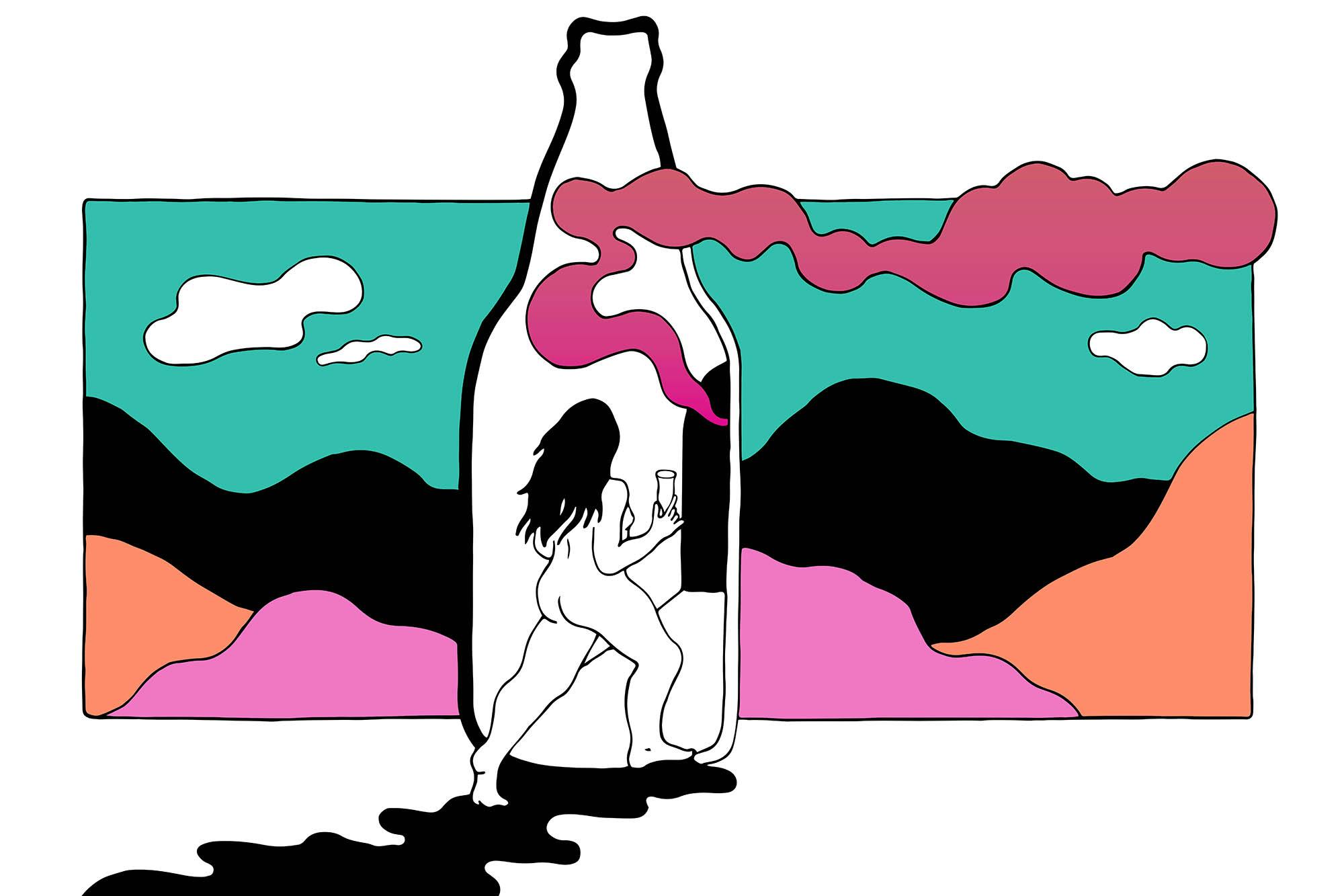 Lady holding glass of beer and walking into a portal inside of a beer bottle that continues into the mountains. There is a cloud of purple smoke arising from the portal.
