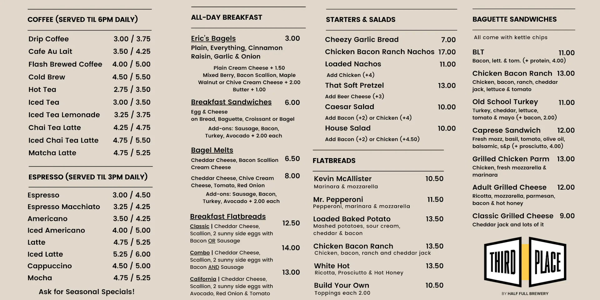 MENUS - Third Place | Half Full Brewery