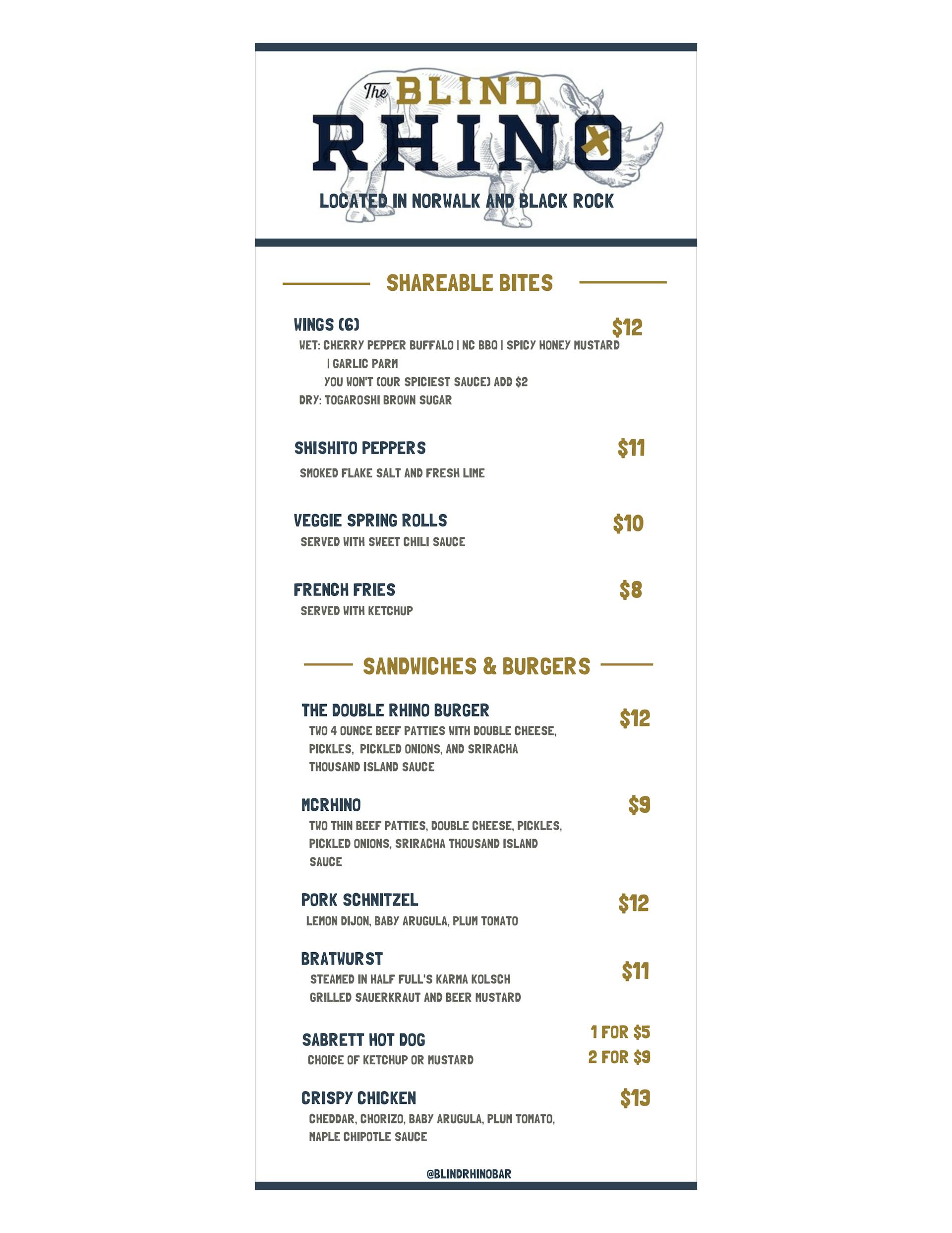 Blind Rhino Food Menu - Third Place | Half Full Brewery