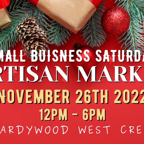 red holiday background with text that says small business saturday artisan market