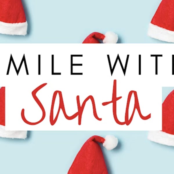 light blue background with red and white santa hats and text that says "smile with santa"