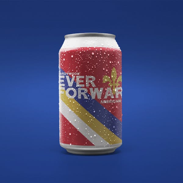 blue background with red beer can with white blue and gold stripes that reads Ever Forward