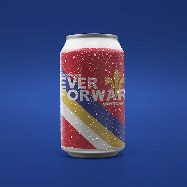 Ever Forward blue background with red beer can with white blue and gold stripes that reads Ever Forward