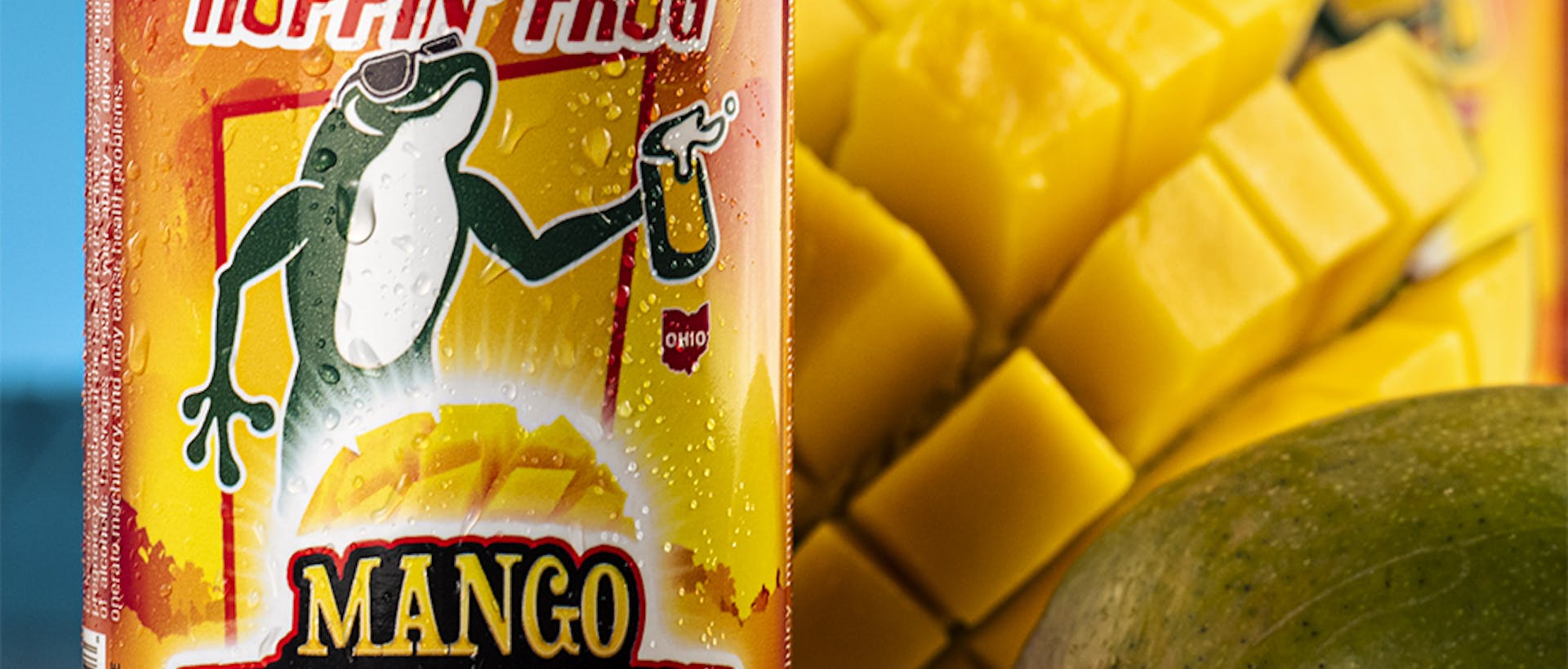 HF_Mango Turbo Shandy Citrus Ale_diced mango no glass_blue bkg_2022