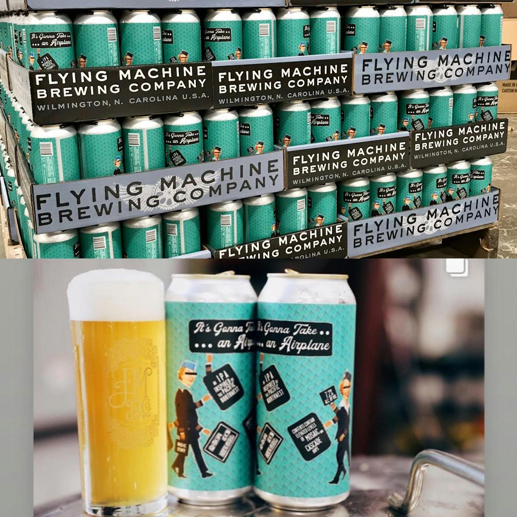 Pictures of cans of It's Gonna Take an Airplane, or IPA collaboration with Flying Machine Brewing Company