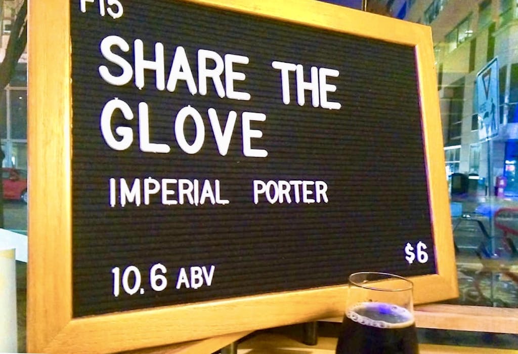 Picture of the beer board announcing Share the Glove, our imperial porter, brewed i collaboration with Trophy Brewing