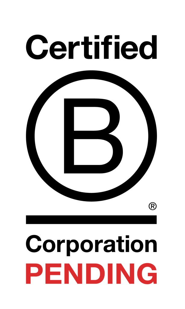 This is the Certified B Corporation Pending Logo in white and red with a grey background.