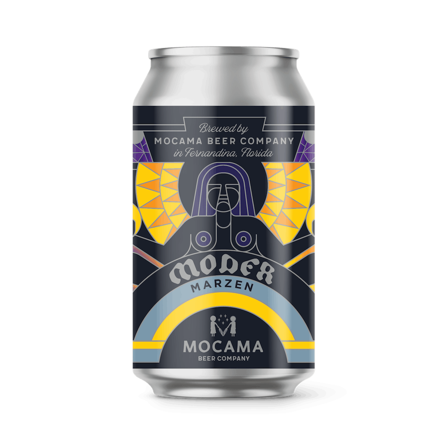 A can illustration of moder marzen lager beer. Yellow and purple label on a silver aluminum can.