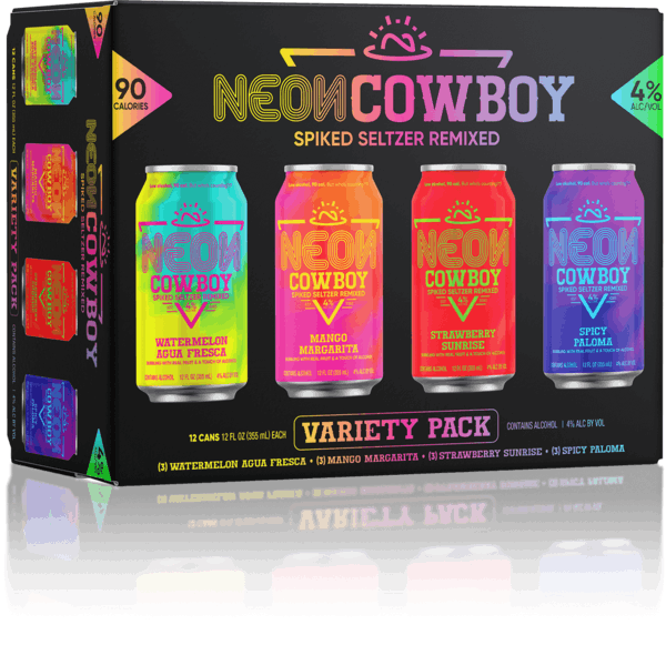 Variety pack box of Neon Cowboy cans