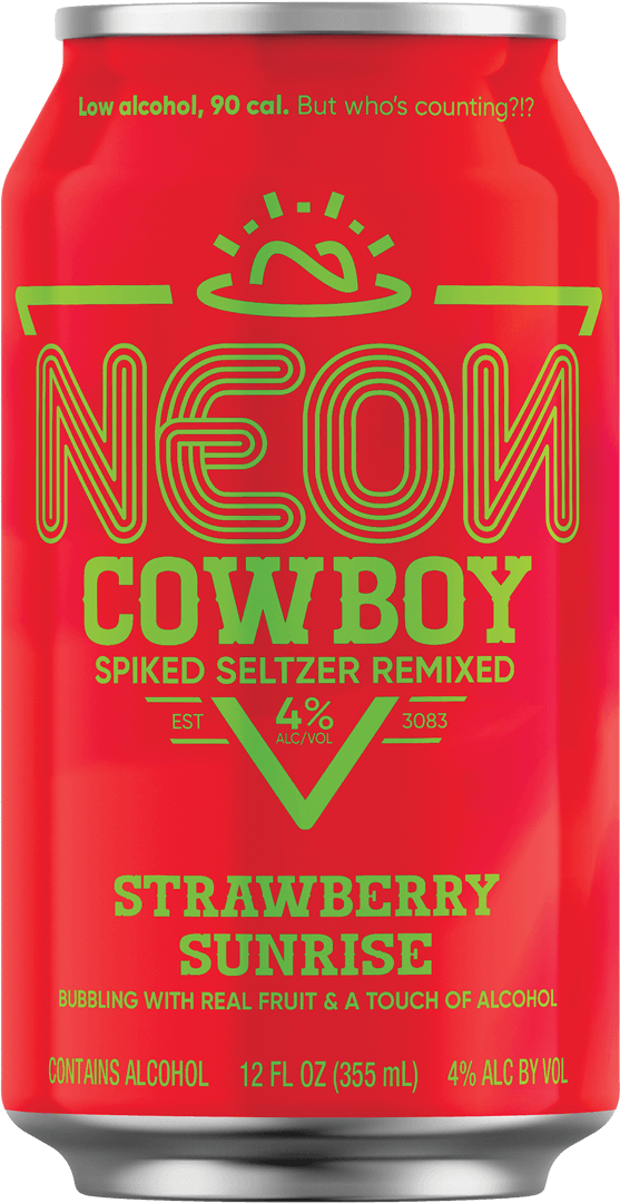 Red can of Neon Cowboy Strawberry flavored spiked seltzer