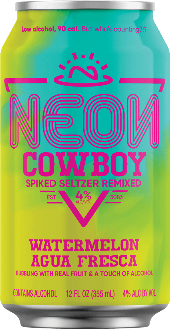 Blue and yellow can of Neon Cowboy watermelon flavored spiked seltzer