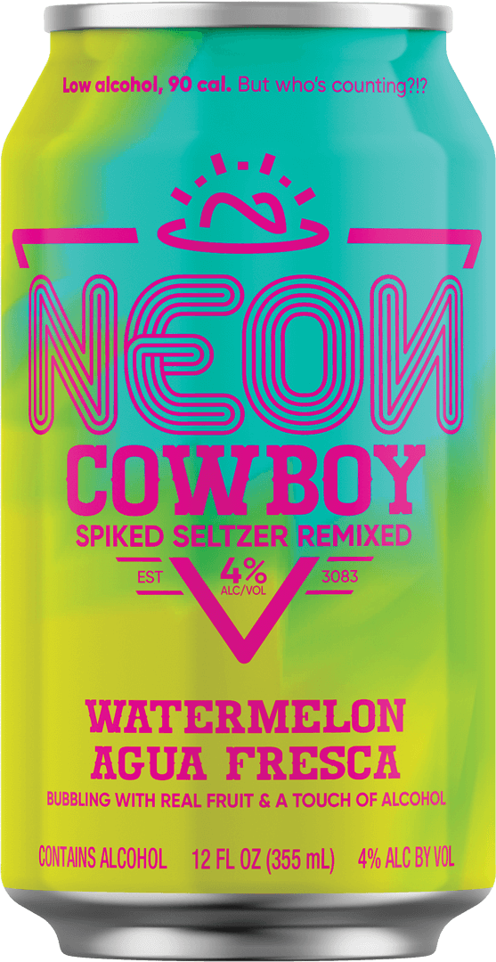 NC_Can_12oz_watermelon_LARGE Blue and yellow can of Neon Cowboy watermelon flavored spiked seltzer