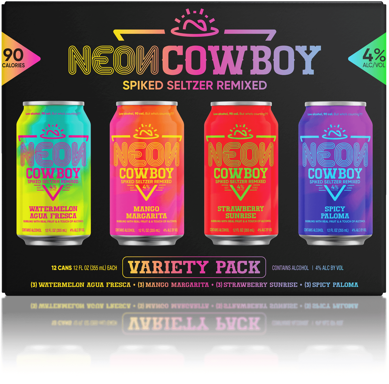 Variety pack of 4 Neon Cowboy spiked seltzer cans