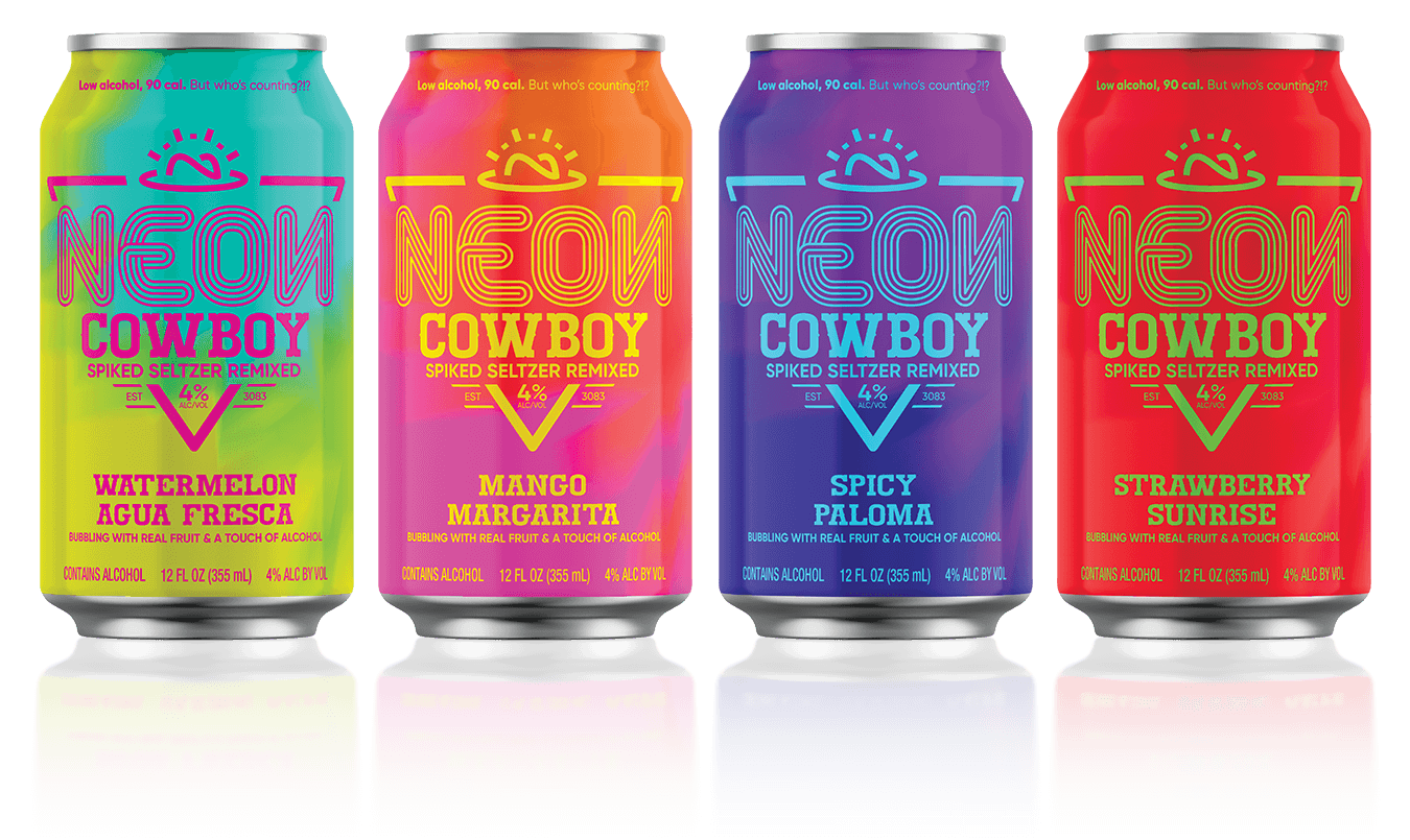 all 4 colorful cans of Neon Cowboy spiked seltzer