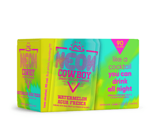 blue and yellow box of Neon Cowboy cans