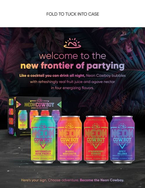 black poster with Neon Cowboy spiked seltzer cans and description