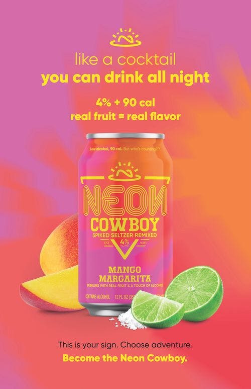 bright pink Neon Cowboy spiked seltzer cans with Neon Cowboy logo