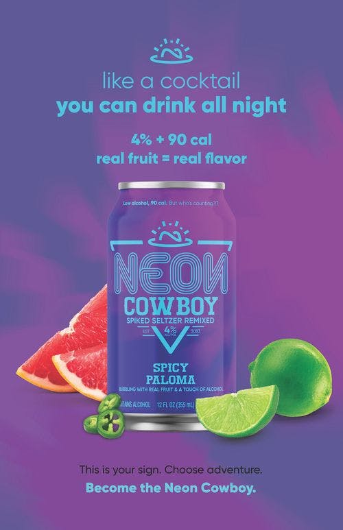 bright purple Neon Cowboy spiked seltzer cans with Neon Cowboy logo