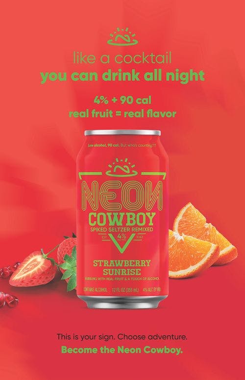bright red Neon Cowboy spiked seltzer cans with Neon Cowboy logo