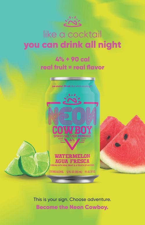 bright yellow and blue Neon Cowboy spiked seltzer cans with Neon Cowboy logo