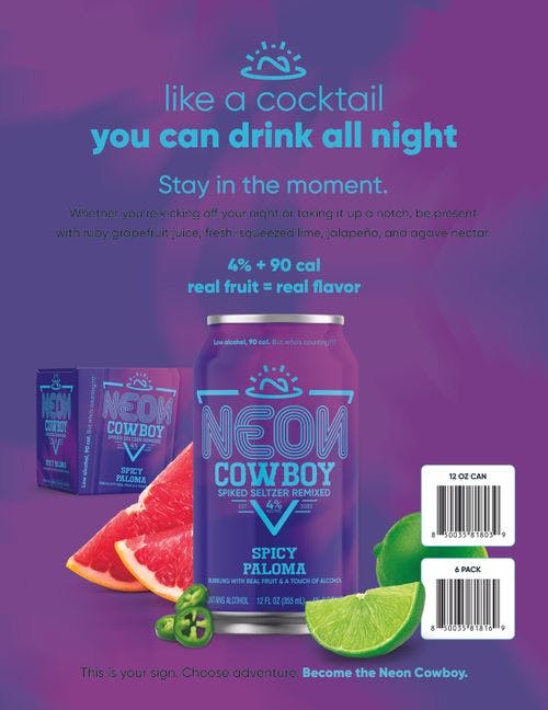 bright purple Neon Cowboy spiked seltzer cans with Neon Cowboy logo