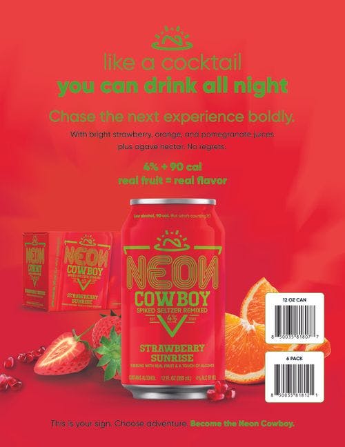 bright red Neon Cowboy spiked seltzer cans with Neon Cowboy logo