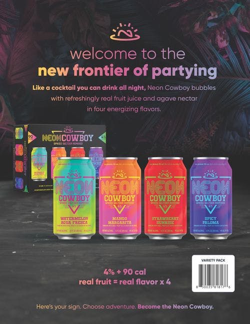 black poster with Neon Cowboy spiked seltzer cans and description