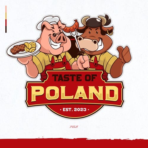 Two pigs holding a Pizza. Taste of Poland