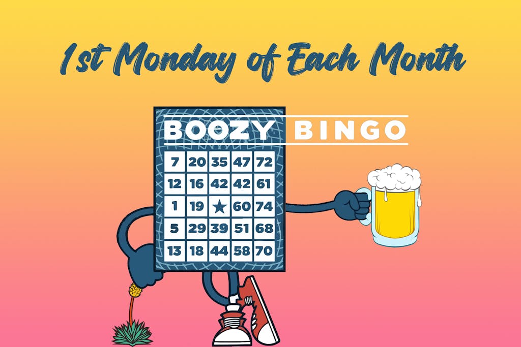 Cartoon of a bingo card holding a beer captioned "boozy bingo, first Monday of each month"