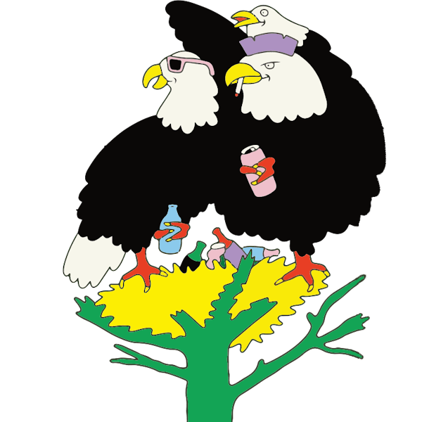A cartoon of 3 bald eagles in a nest holding beers and smoking cigarettes