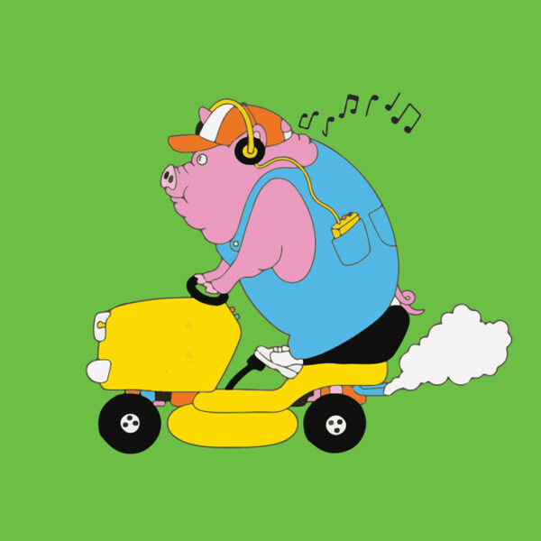 Cartoon of a pig wearing headphones, riding a lawnmower