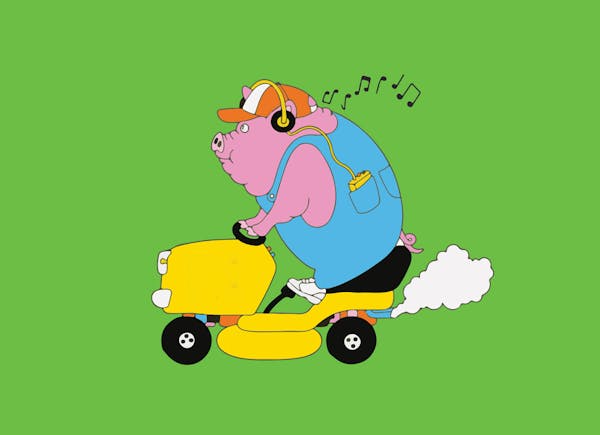 Cartoon of a pig wearing headphones, riding a lawnmower