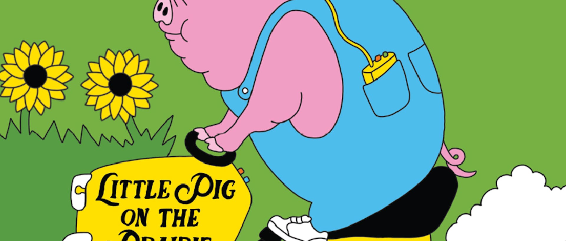 Cartoon of a pig wearing headphones and overalls, riding a lawnmower that reads, "Little Pig on the Prairie"