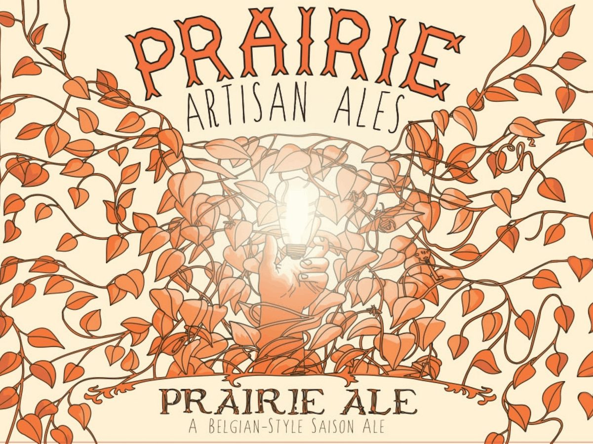 "Prairie Artisan Ales - Prairie Ale, A Belgian-Style Saison Ale" beer label, with drawing of a hand holding a light bulb wrapped in vines