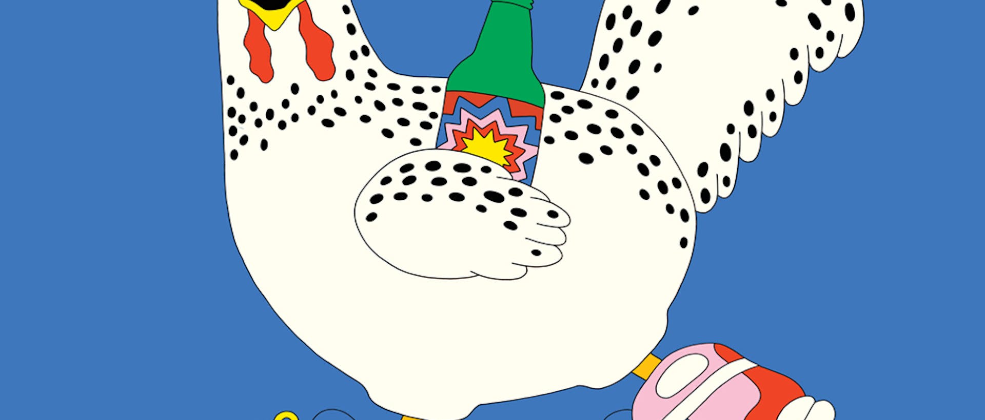 Cartoon of a chicken wearing large sneakers and sunglasses running past holding a beer bottle