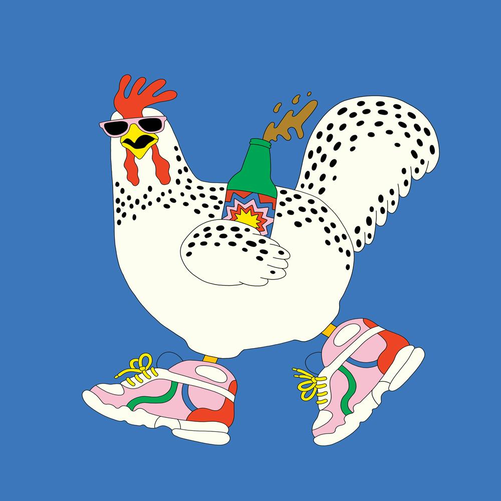 Cartoon of a chicken wearing large sneakers and sunglasses running past holding a beer bottle