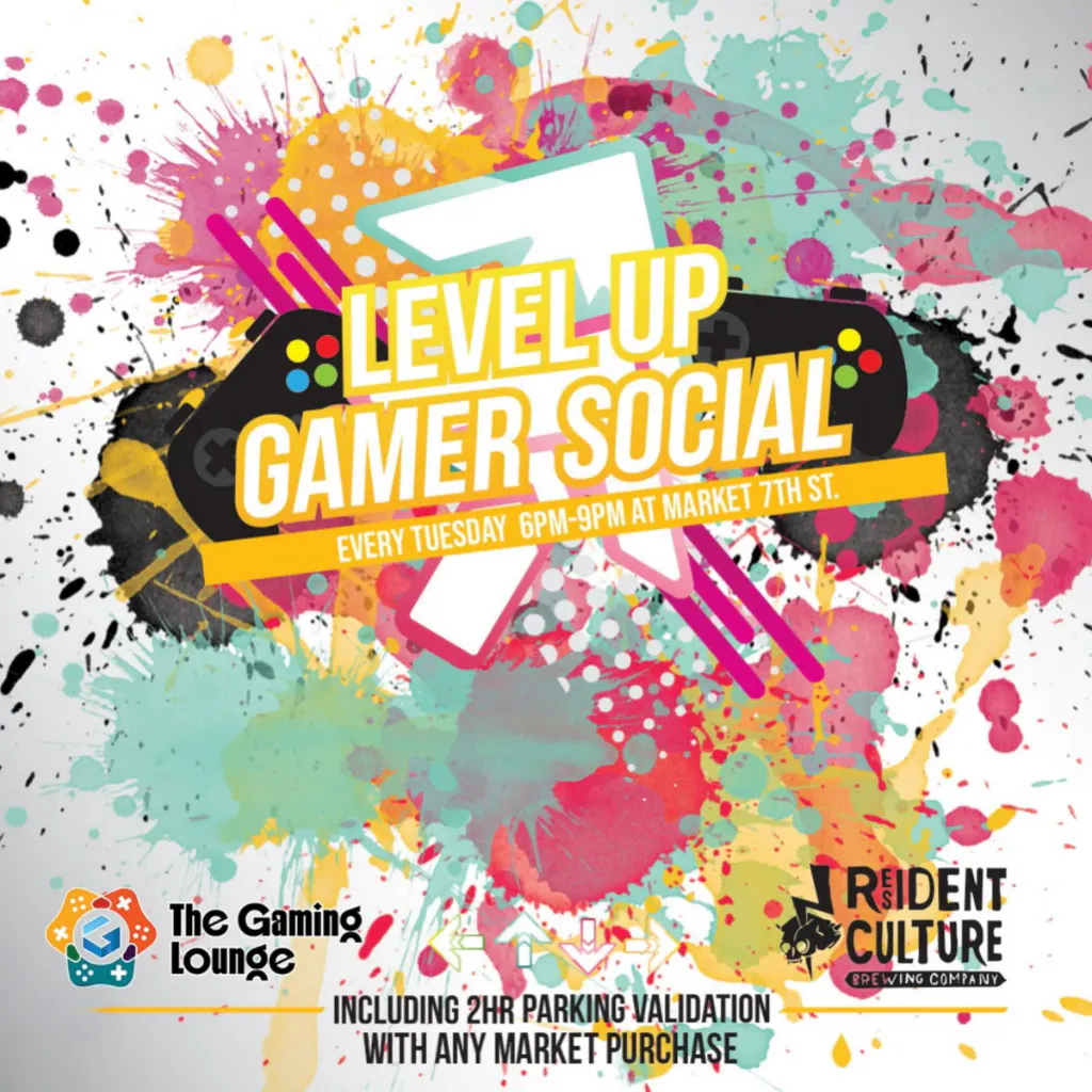Colorful advertisement for "Level Up Gamer Social" event with paint splashes and text details.