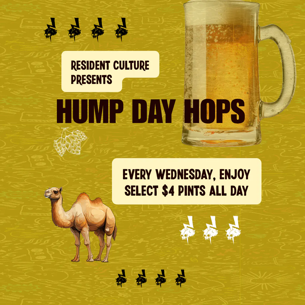 Advertisement for Hump Day Hops featuring a beer glass, camel, and promotional text.