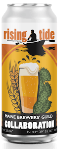 Digital mock up of a 16oz can of Rising Tide's Maine Brewers' Guild Collaboration ale 2023. The art on the can features an illustaion of a pint of beer with foam spilling over the edge, on the left behind the glass are two stems of grains and on the right are hop cones.