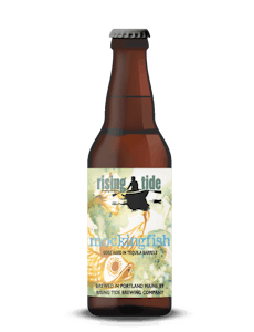 Digital mockup of a 12oz bottle of Rising Tide Brewing Company's Mockingfish, gose aged in tequila barrels.