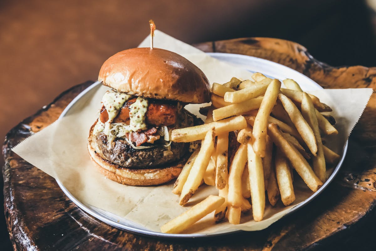 plate with a burger and fries