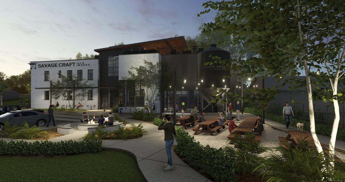 Savage-Craft-18005_WC-Brewery-Exterior_fromBeerGardenDusk-19_0916 render of the outside of the taproom