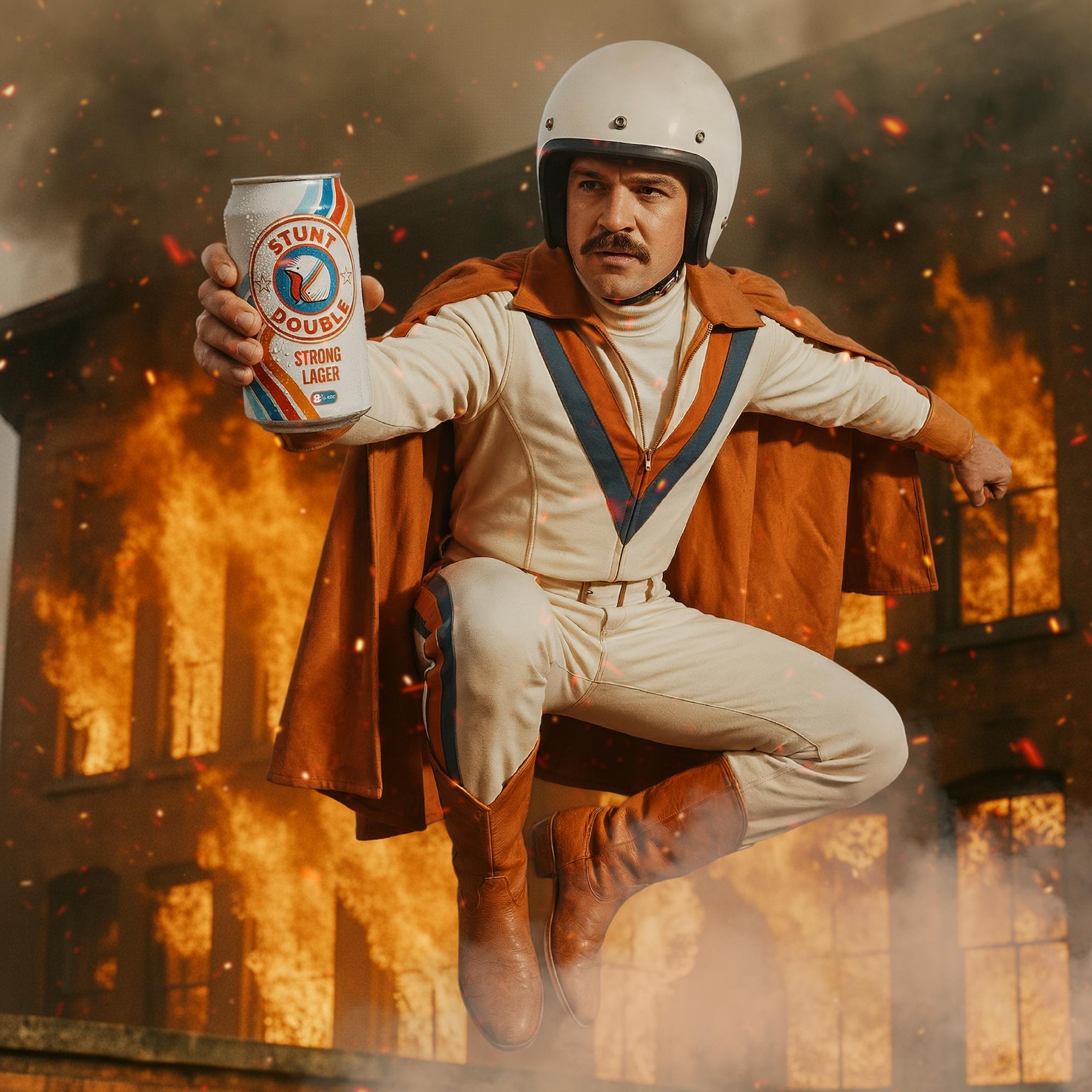 stunt man jumps in front of a burning building with a beer in hand
