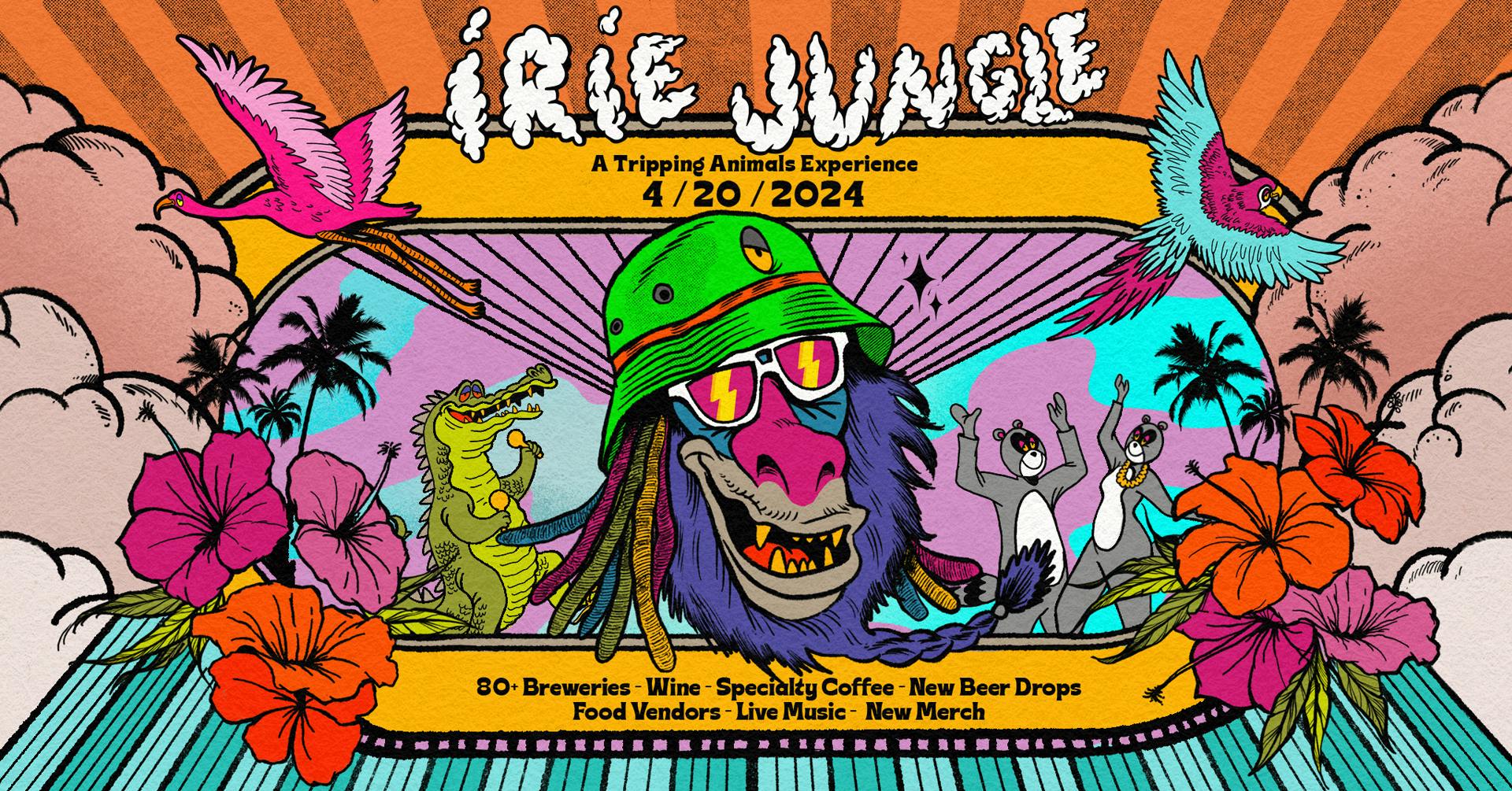 Tripping Animals Irie Jungle Event hero image - monkey with green hat and orange sunglasses, colorful hand-drawn background